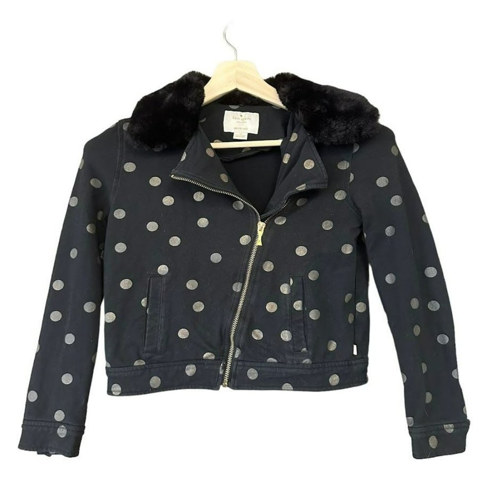 Kate Spade Black Gold Polka Dot Fur Collar Cropped Moto Jacket Girls 12